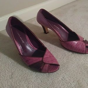 Purple leather snakeskin heels